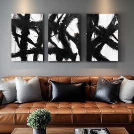 Zessonic Black and White Abstract Canvas Wall Art – 3 Pieces 16 x 24 Inches Modern Painting Prints with Hand-Painted Texture for Living Room, Bedroom, Office Decor