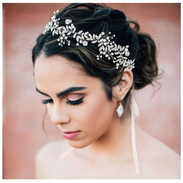 SWEETV Crystal Bridal Headpiece Silver Wedding Headband for Brides Pearl Hair Vine Rhinestone Hair Accessories for Women