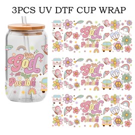 Christian Bible Verse UV DTF Glass Cup Wrap Transfer Decal- 3PCS with God All Things are Possible Craft Transfers, Gift for Christian Wowan Retro Desgin, Waterproof Decal for 16oz Glass Cups