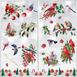 GreenYeah Christmas Window Stickers, 9 Sheets Cardinal Window Stickers, Red Cardinal Window Stickers, Pine Cones Cardinal Window Stickers, Double-Sided Static PVC Window Stickers Christmas