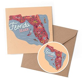 1 x Greeting Card & 10 cm Round Sticker Set - Florida Map America USA Travel States - Birthday Thank You Friend Lover Fan Mum Dad Kids #58798
