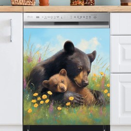 RTHDG Mama Bear and Cubs Kitchen Dishwasher Magnet Decoration Cover, Animal Bears Fridge Magnetic Skins Cover, Black Bears Vinyl Magnetic Decal for Dishwasher, Cupboard, 23" x 26" (Magnetic)