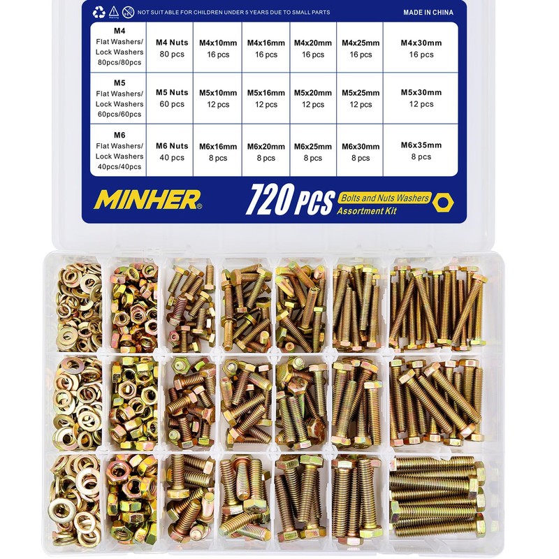 MINHER 720PCS M4 M5 M6 Bolts and Nuts Assortment Kit
