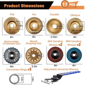11PCS Wood Carving Disc Set for 4" or 4 1/2" Angle Grinder, Stump Tool Grinding Wheel Disc with 5/8" Adapter Ring, Woodworking Grinder Attachment for Cutting Shaping Carving Sanding Polishing