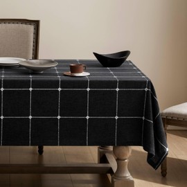ZeeMart Grid Embroidered Hemmed Tablecloths, Charcoal 60x120 Inch, Farmhouse Style Heavy Weight Cotton Linen Dark Grey Tablecloths, Boho Plaid Water Resistant Rectangle Table Cloth