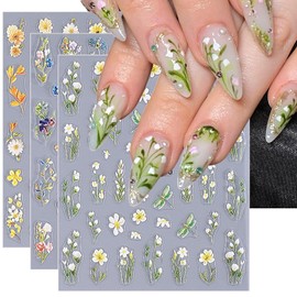 3 Sheets Flower Nail Stickers for Nail Art 5D Embossed Spring Summer Nail Art Stickers Self-Adhesive Colorful Wildflower Daisy Design Sticker Floral Nail Decals for Women Acrylic Nails Decorations