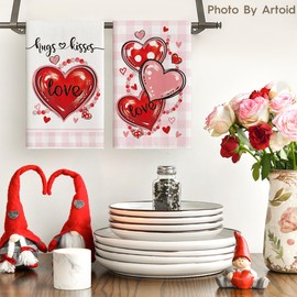 Artoid Mode Pink Red Polka Dot Heart Love Valentine's Day Kitchen Towels Dish Towels, 18x26 Inch Farmhouse Wedding Decoration Hand Towels Set of 2