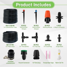 Quibbay 227FT Drip Irrigation System Kit,Misting Sprinkler System with 1/2" 1/4" Tubing Hose Adjustable Emitters Barbed Fittings,Automatic Garden Watering System for Plant Lawns Raised Beds Greenhouse