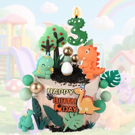 Juego de decoraciones de tartas de dinosaurio, con hojas de dinosaurio, decoraciones de tartas y número de dinosaurio, 3 velas incluidas para decoraciones de fiestas de cumpleaños, decoraciones de