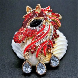 Betsey Johnson Dangle JEWELS Red HORSE Rhinestone Enamel Betsey Johnson Necklace Pendant Brooch