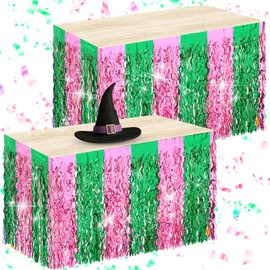 Oudain Pink and Green Party Decorations, 2 Pack Green Pink Theme Wavy Metallic Tinsel Foil Fringe Table Skirts for Rectangle and Round Table Birthday Party Witch Decorations