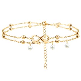 JeanBeau Gold Infinity Beach Anklet bracelet for Women – Boho Waterproof Double Layered Dainty Adjustable Beads Chain Charm Ankle Pearl dangling foot Jewelry Gift