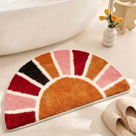 Boho Half Circle Bath Rug, Retro Sun Bathroom Rug Non Slip, Soft Absorbent Semi Round Bath Mat Washable Small Bohemian Rug for Bathroom, Bedroom, Entryway (30" L x 16" W)