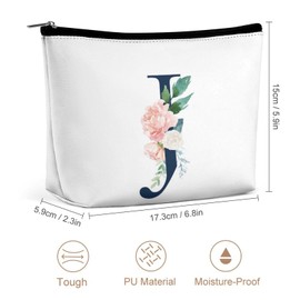Women PU Leather Cosmetic Bag, Toiletry Storage 6.8x5.9x2.3 in Zipper Pouch Handbag Makeup Case Purse Holder Organizer Print Floral Alphabet Monogrammed Navy Letter J