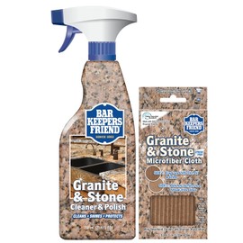 Bar Keepers Friend Limpiador y abrillantador para piedra y granito (750 ml) más 1 paño de microfibra, kit de limpieza de 2 piezas, limpiador multisuperficie para uso en encimeras de piedra natural