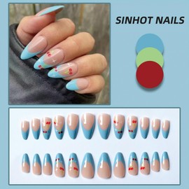 SINHOT French Tip Press on Nails Medium Almond Fake Nails Cute Cherry Acrylic Nails Glossy Glue on Nails Blue Stiletto Artificial Nails Stick on False Nails with Design 24 pcs