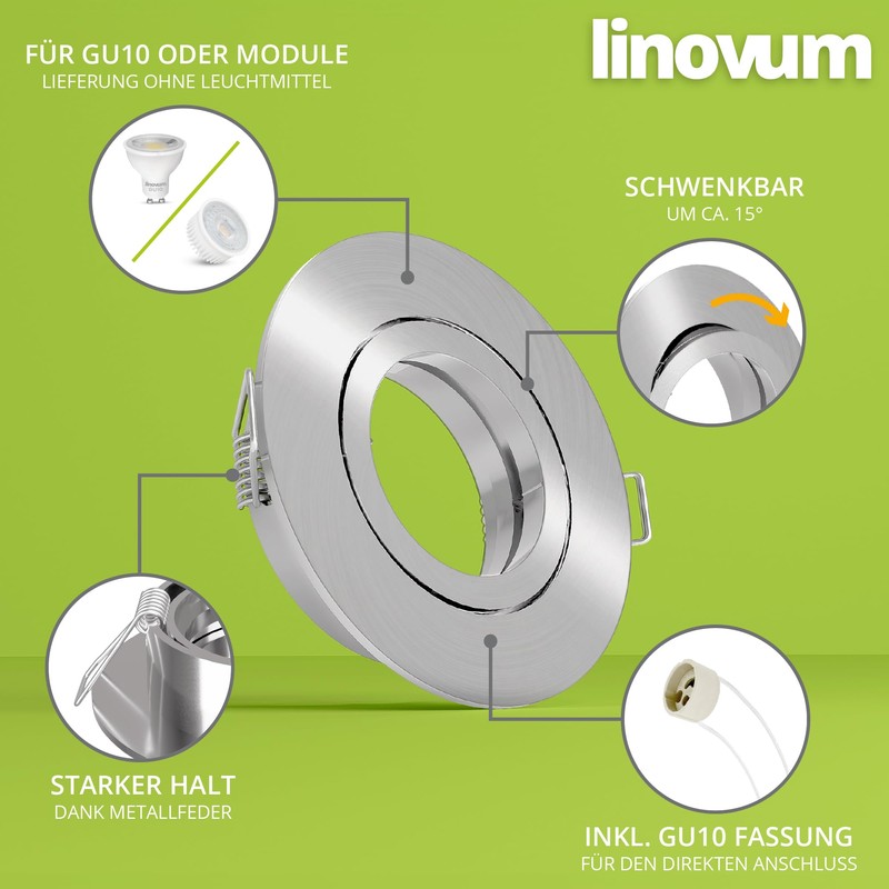 Recessed Spotlight Frame, Round, Pivoting, Stainless Steel and White