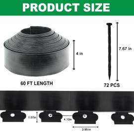 Hugeleaf No Dig Landscape Edging Border 60 Feet with 72pcs Spikes, 4inches Flexible Plastic Garden Edging for Landscaping, Lawn, Flower Bed, Yard