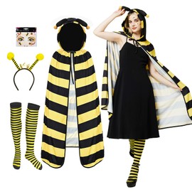 Ulikey Bee Cape Costume, Women's Bee Costume, Adult Bee Costume with Headband Bee, Stockings, Carnival Bee Cape with Hood for Adults, Carnival, Fancy Dress, Theme Party