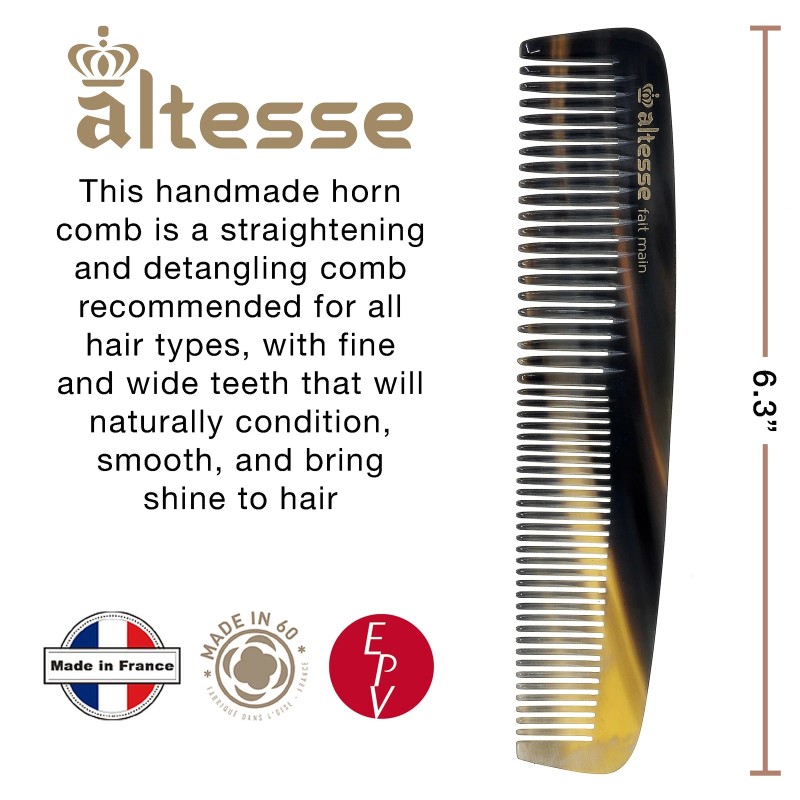 Altesse Antistatic Horn Comb with Smooth Rounded Teeth Handmade in