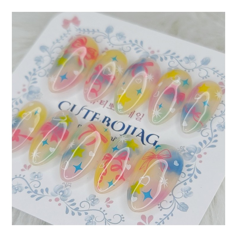 Pastel Ribbon Handmade Nail Tips - Oval S / 파스텔