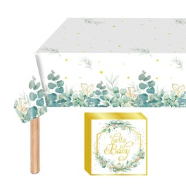 Green Baby Shower Tablecloth with Napkins, Neutral Baby Shower Table Cloth Decorations Baby Shower Napkins Serviettes for Baby Shower Gender Reveal Party Supplies