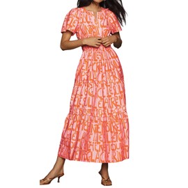 R.Vivimos Women's Summer Cotton V Neck Short Sleeve Boho Floral Print Elastic Smocked Waist A-Line Midi Dress with Pockets (X-Large, Pink-Floral)