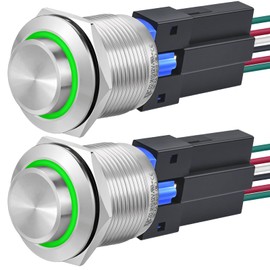 UL Listed 22mm Push Button Switch Momentary Latching High Round Waterproof IP67 On Off Stainless Steel 304 with 12V-24V LED for 7/8" with Wire 2PCS (Green, Momentary,12V)