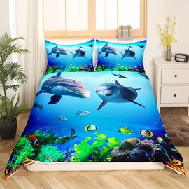 Dolphin Bedding Set Ocean Marine Themed Comforter Cover for Kids Boys Girls Teens Sea Creatures Duvet Cover Breathable Hawaiian Sealife Blue Bedspread Cover Sea Animal Room Decor Quilt Cover Queen