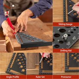 Tendak Carpenter's Square, Multifunctional 180 mm Carpenter's Square Protractor Try Square - Includes Deep Hole Marker / Pencil Leads / Grain Tool / Metal Pen / Carpenter's Pencil, for Woodworking