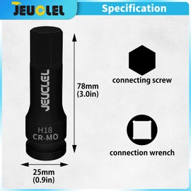 JEUCLEL 18mm Hex Impact Bit Socket, H18 1/2-Inch Impact Drive Allen Socket, Cr-Mo Steel Lengthen Hex Screwdriver Adapter for Electric Ratchet Wrenches Fastening Screws