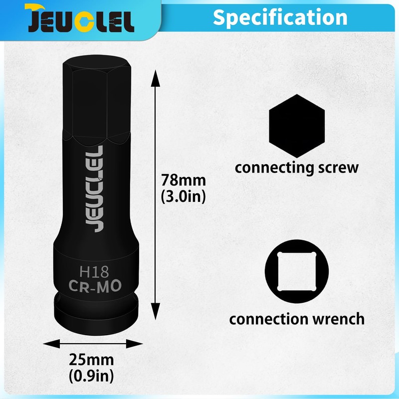 JEUCLEL 18mm Hex Impact Bit Socket, H18 1/2-Inch Impact Drive