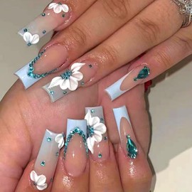 Long Coffin Press on Nails Square Fake Nails Long with Nude White Green Rhinestones Designs French Tip False Nails Full Cover Glue on Nails Glossy Acrylic Thick Stick on Nails for Women Girls 24Pcs SGCY-280