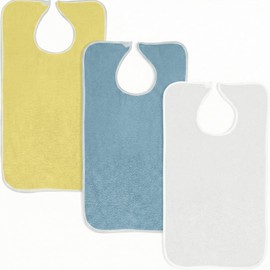 3 Pack Adult Bibs Terry Cloth Clothing Protector Hook and Loop Closure 1 White | 1 Blue | 1 Yellow