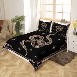 Snake Printed Duvet Cover Queen Size,Boho Sun and Moon Comforter Cover with 2 Pillowcase for Teens,Kids Starry Sky Galaxy Bedding Set,Black and Brown Breathable Decorative Bed Cover(No Comforter)