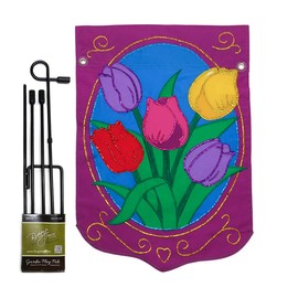 Tulips Garden Flag Stand Kit Wall Hanging Decor for Home Stake Patio Post Embroidered Floral Decorations Welcome Yard Sign Applique Tapestry Sewing Handcraft Gifts for Grandma