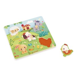 Janod - Tactile Wooden Puzzle 5 Pieces - Farm Theme - Textured Recessed Puzzle - Educational Toys - Touch, Fine Motor Skills and Concentration - From 18 Months, J07129, Green