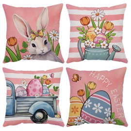 Happy Easter Pillow Covers 18x18 Set of 4 Soft Velvet Spring Throw Pillow Covers Bunny Peeps Floral Eggs Truck Cross Pink Cushion Covers Pillow Cases Home Outdoor Sofa Couch Decoration 18