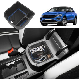 Coleya Centre Console Storage Box Compatible with VW T-ROC 2018-2024, T ROC Accessories Armrest Organiser, T-ROC Centre Armrest Glove Box with Non-Slip Mat (Blue)