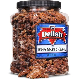 Honey Roasted Pecans by It's Delish, 1.15 LBS Reusable Jumbo Container | Gourmet Pecan Nuts in Honey Sugar Coating, Sweet & Heart Healthy Salted Nut, Kids Snack - Non-Dairy, Kosher Parve