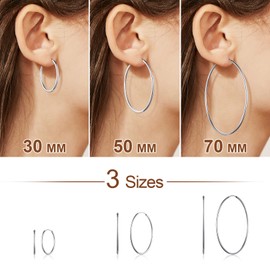 FOCALOOK Women's Hoop Earrings 30 mm/50 mm/70 mm 925 Sterling Silver Circle Hoop Earrings Classic Round Statement Earrings Hoop Earrings Accessory for Women Girls, Sterling Silver, No Gemstone