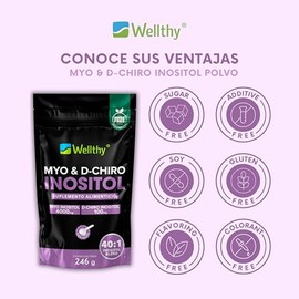 Wellthy Myo & D-Chiro Inositol en Polvo 246g. Mezcla Óptima 40:1, 4000mg Myo y 100mg D-Chiro Español, Ingredientes 100% Naturales, Gluten Free, Sugar Free, Vegan, Botlle Free
