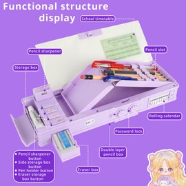 Meliyya Pop up Pencil Case Cartoon Multi Pen Box with Password Lock Sharpener Schedule Whiteboard Christmas Birthday Stationery Gifts for Teen, Purple