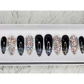 nailed by Rachel Black silver bling stiletto press on nails holographic glitter holo fall nails