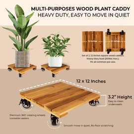 Timberholm 2PCs-12” Wood Plant Caddy with Wheels, Heavy Duty Square Plant Caddy, Rolling Plant Stand With 360° Lockable Wheels, Plant Roller For Indoor, Outdoor Large Plant Pot, Patio Pot (Natural)