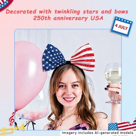 4th of July Headband America Flag Bow Headband for Women Red and Blue Independence Day Star Head Bands 250 Anniversary USA Props Party Wedding Holiday Costume Hair Accessories