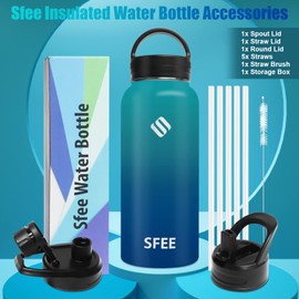 Sfee Insulated Water Bottle, 40 oz Stainless Steel Water Bottle with 5 Straws&3 Lids, Wide Mouth Double Wall Vacuum Metal Water Bottle Leak-Proof BPA Free Sports Water Bottle+ Cleaning Brush (BDblue)