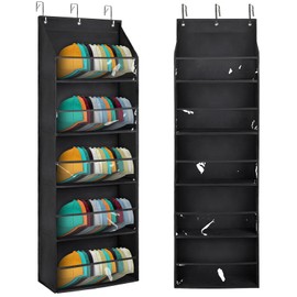 Baseball Cap Organizer - 5 Tier Hat Rack for Door - Wall Mounted Hat Holder, Clear Deep Pockets, Holds 60+ Caps, 3 Hooks (Black)