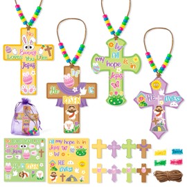 BeYumi Easter Cross Necklace Craft - 28Pcs Easter Religious Cross Necklace Craft Kit for Kids DIY He is Risen Sticker Cross and Beads Necklace Christian Decor Sunday School Classroom Party Activities