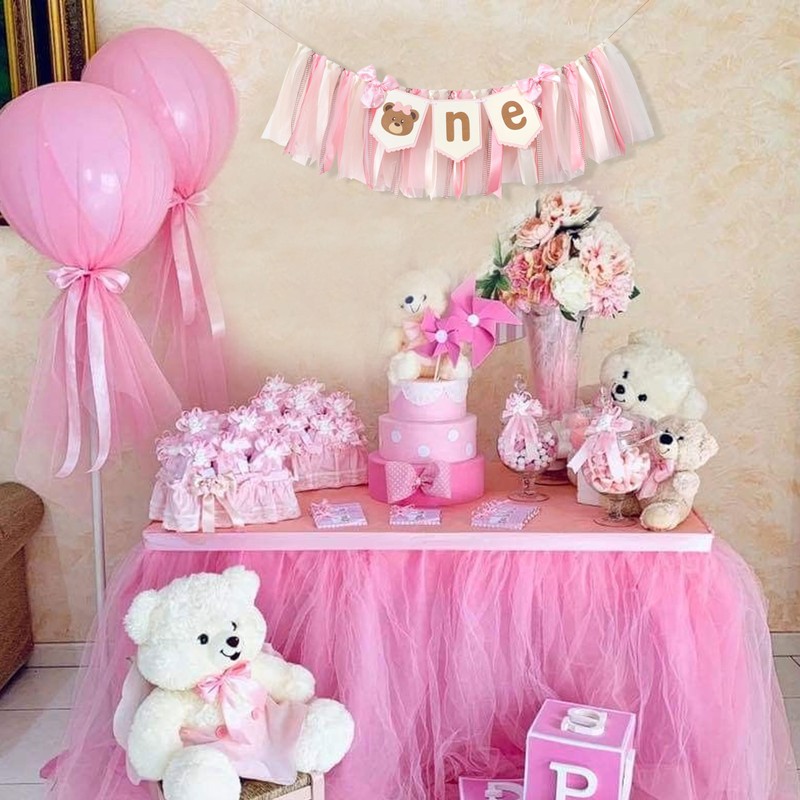 Bear Pink Ribbon One Highchair Banner - Girls 1st Birthday